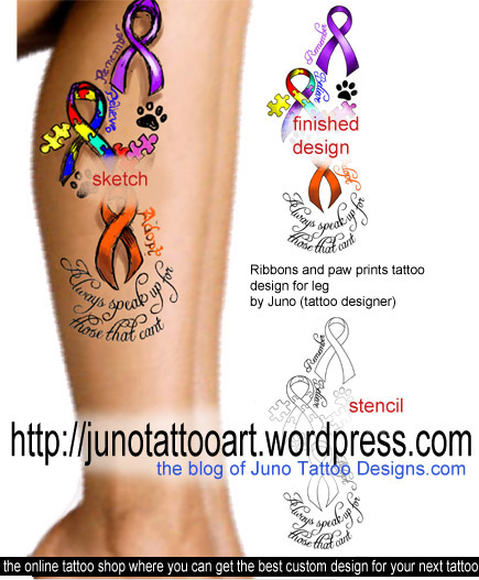 ribbons tattoo,paw prints tattoo,quote tattoo,tattoo stencil,sketch tattoo,feminine tattoo,leg tattoo